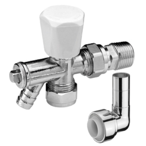 Pegler Mercia Manual Radiator Valve 15mm with Drain Off & Lockshield 15x10mm Push-Fit Elbow 663005