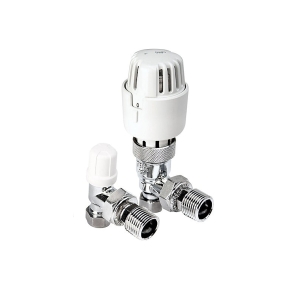 Plumbright Angled Thermostatic Radiator Valve & Lockshield 15mm x 1/2" White (Grill Head) TP15PACKA