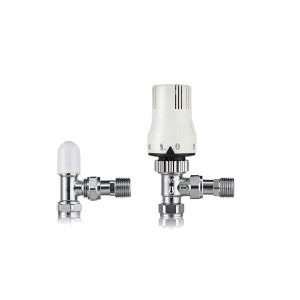 Plumbright Angled Thermostatic Radiator Valve & Lockshield 15mm x 1/2" White (Smooth Head) C04167N031B